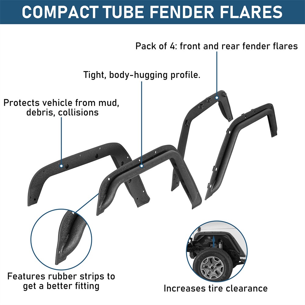 Hooke Road Front & Rear Compact Tube Fender Flares Fit 07-18 Jeep Wrangler JK