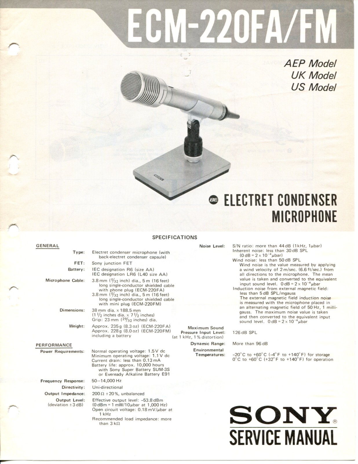 Sony Model ECM-220FA/FM Electret Condenser Microphone Service Manual