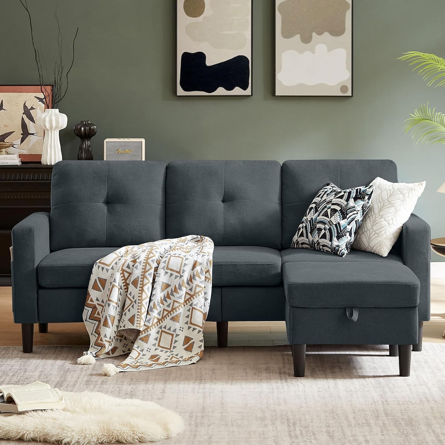 80" Convertible Sectional Sofa Couch with Movable Ottoman, 3 Seats Sectional