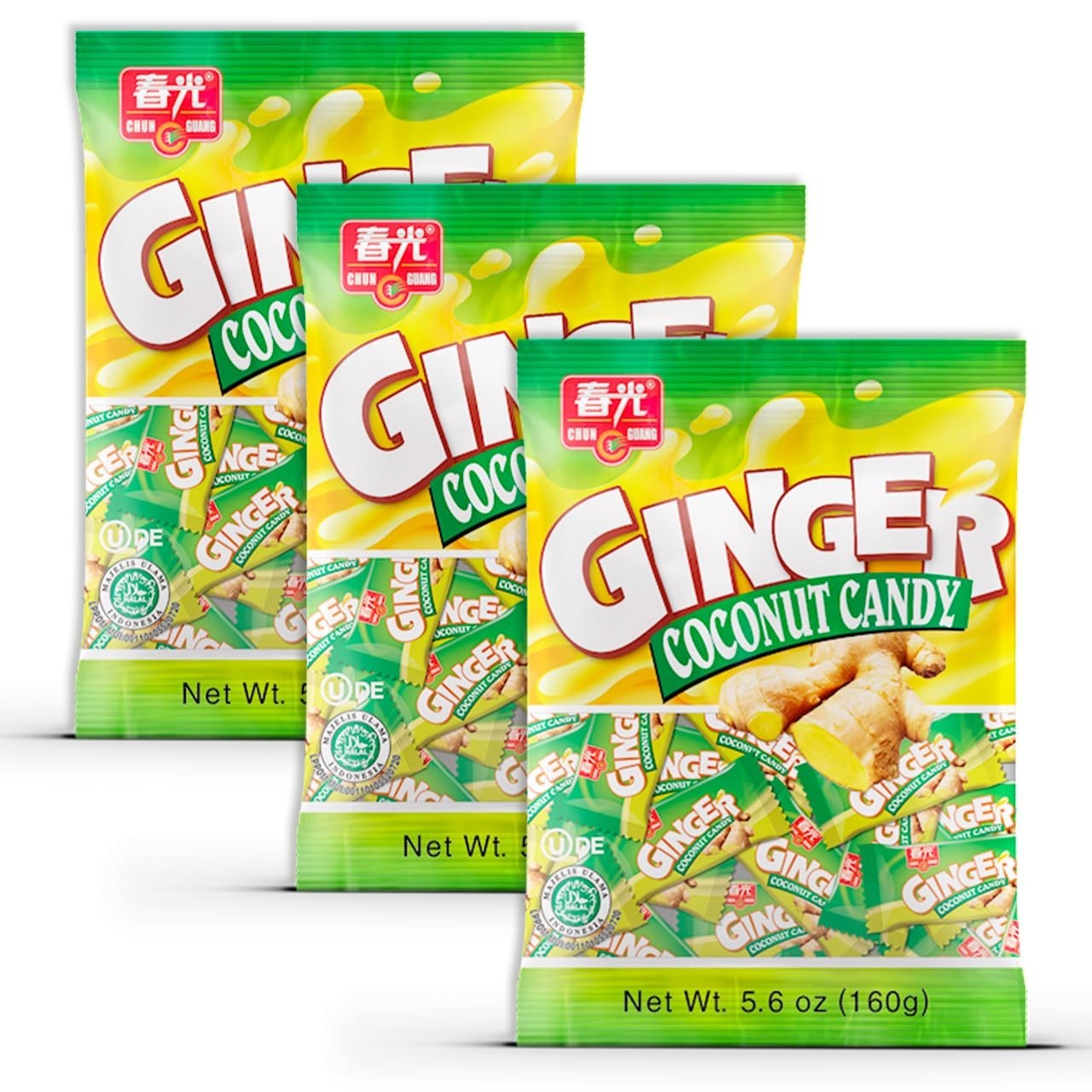 CHUN GUANG Ginger Coconut, Halal Hard Candy,5.6 oz. bag ( Pack of 3 )