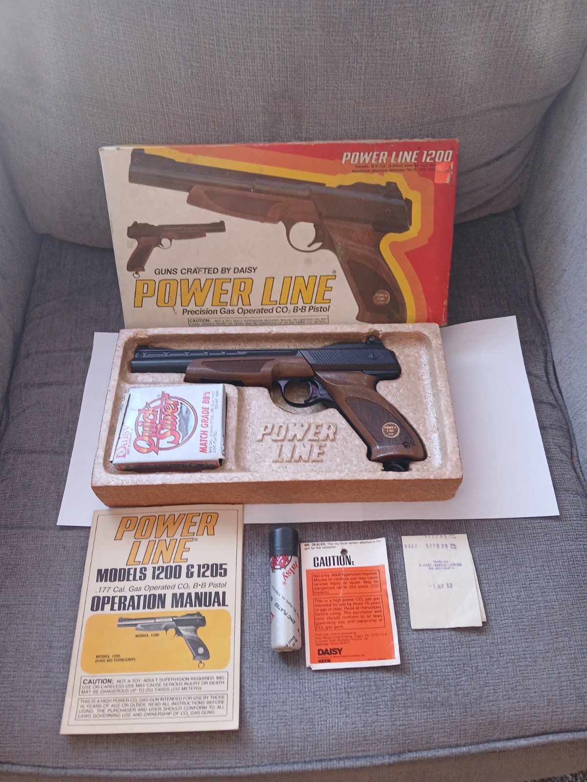 VINTAGE DAISY POWER LINE 1200 AIR PISTOL W BOX PAPERWORK & ORIGINAL RECIEPT NICE