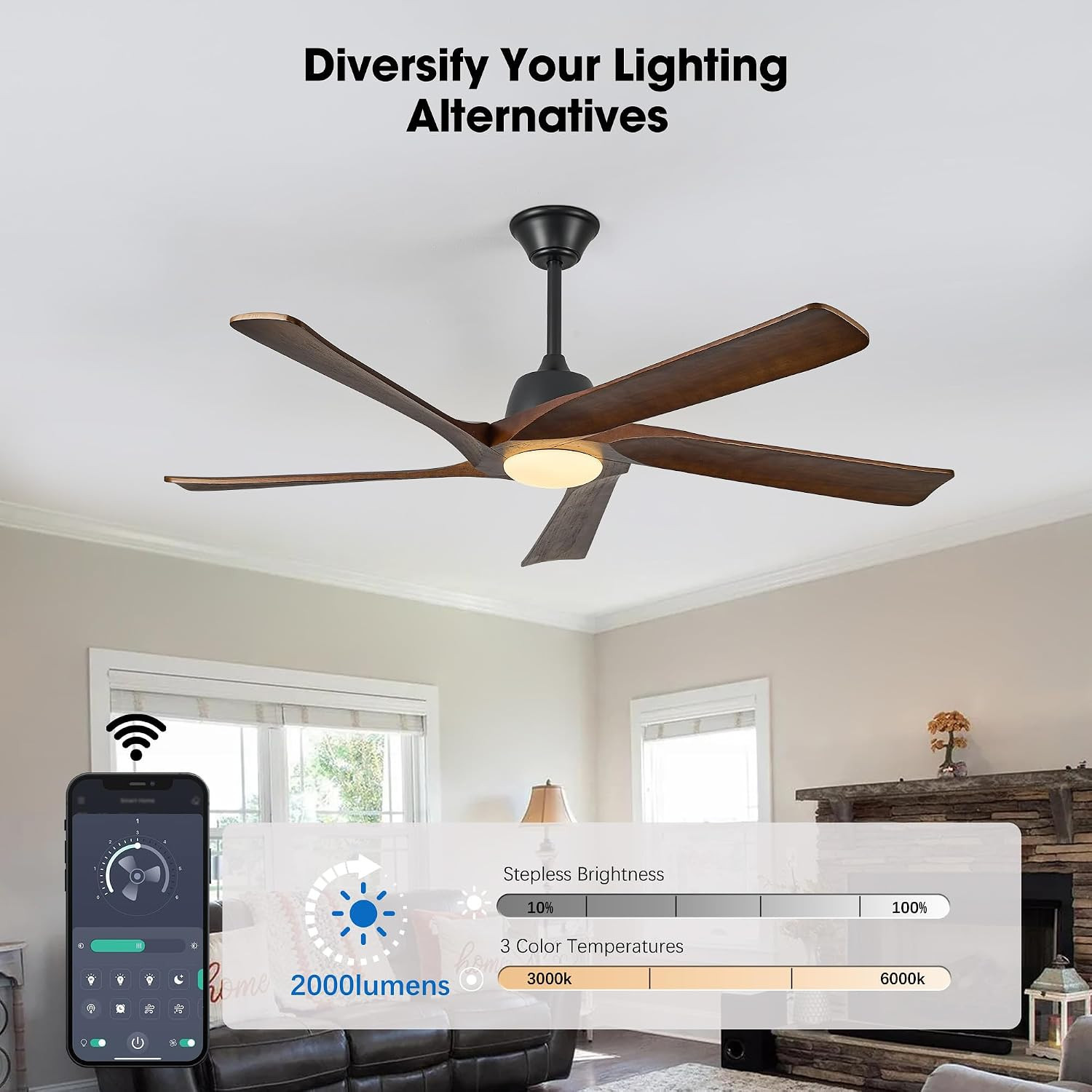 60" DC Solid Wood Ceiling Fan with Lights, (Dark Walnut) | Remote & APP Control,