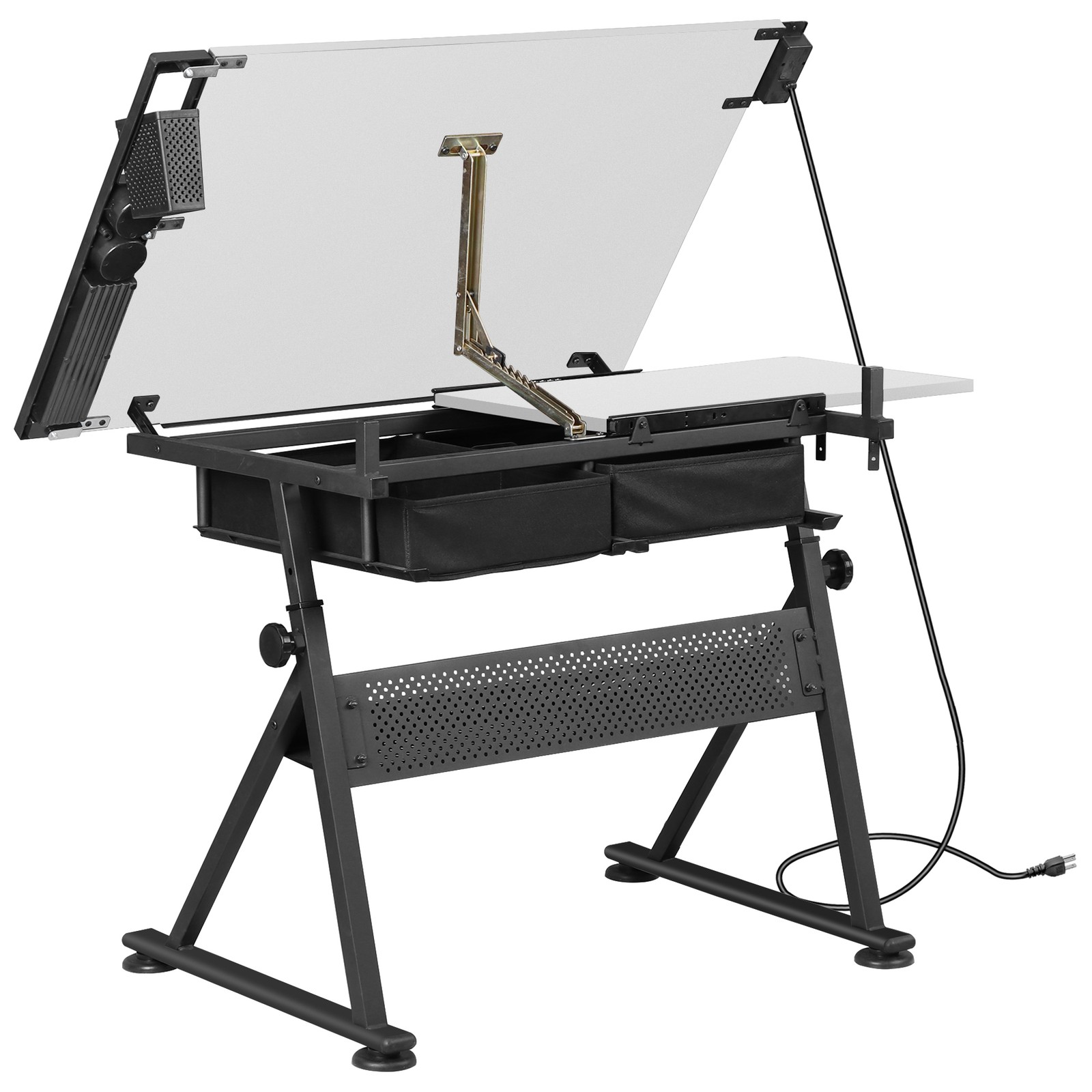 Adjustable Drafting Drawing Tiltable Table & Stool w/ 2 Drawers & Outlet White