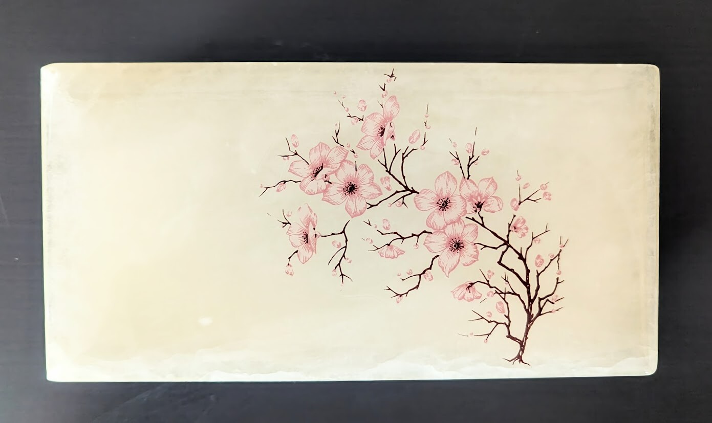 Alabaster Trinket Box, Ivory with Flower Design, 7.5" L x 2.5" H