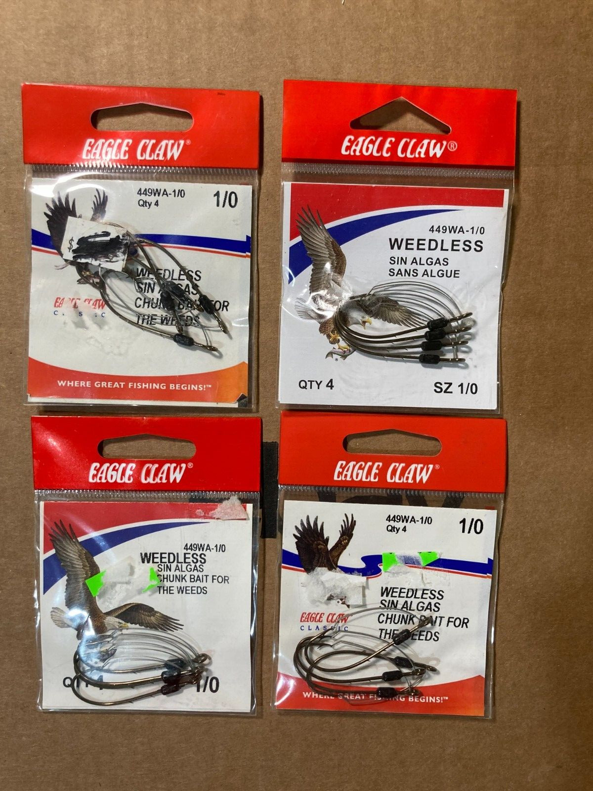 4pks of Eagle Claw Fishing Hooks 449WA-1/0 Weedless 4pc (16pcs) NIP