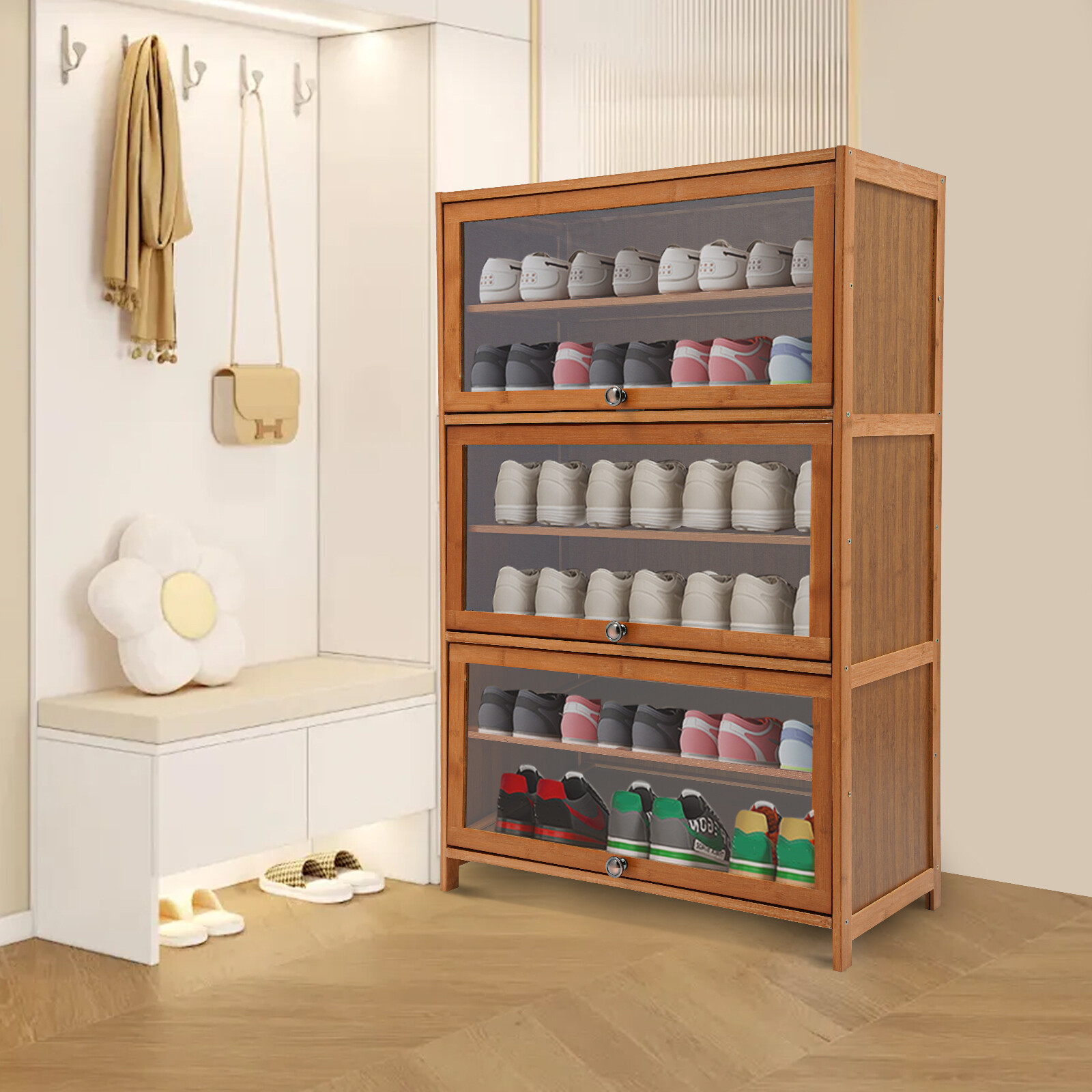Shoe Organizer 6-Tier Storage Cabinet w/ 3 Flip-up Door 32" Entryway Bamboo