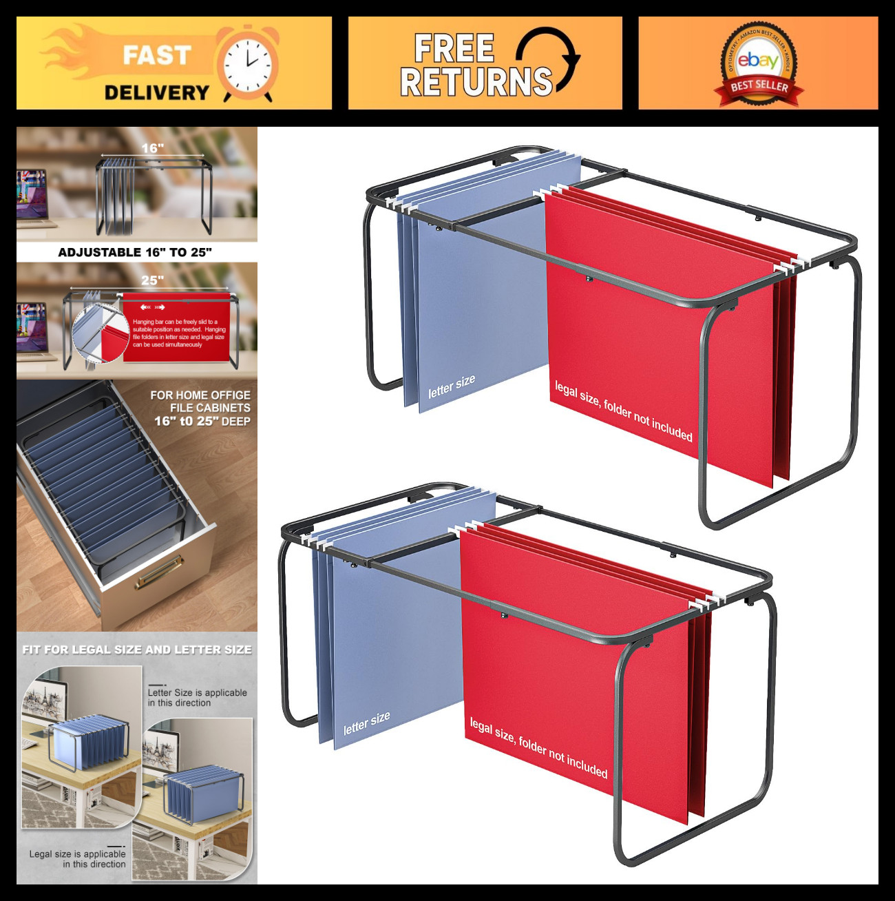 Adjustable Hanging File Folder Frame Set - Legal/Letter Size, Heavy Duty Steel O