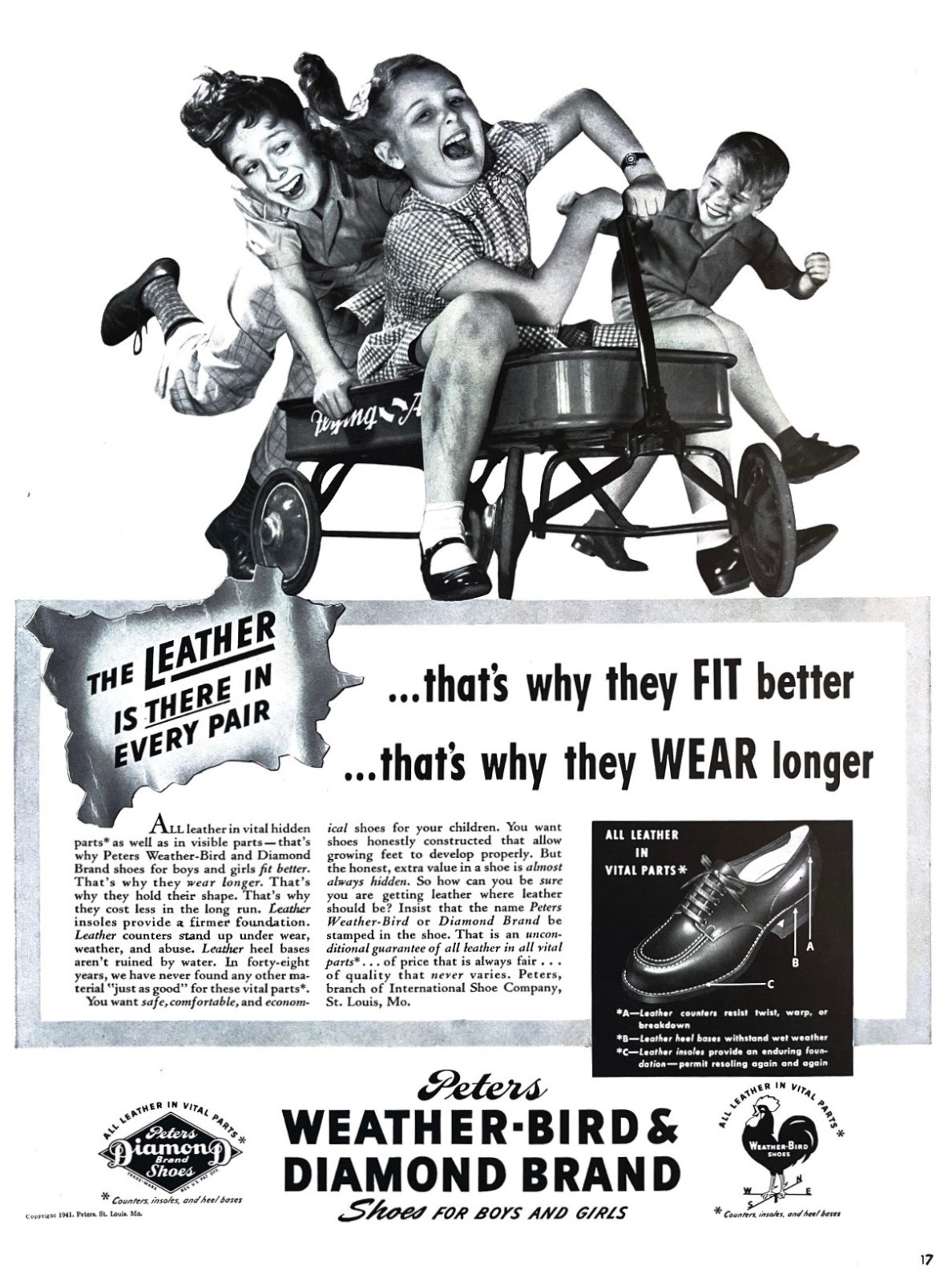 1941 KID'S SHOES Genuine Vintage Print Ad Boys and Girls Playing Wagon Diamond