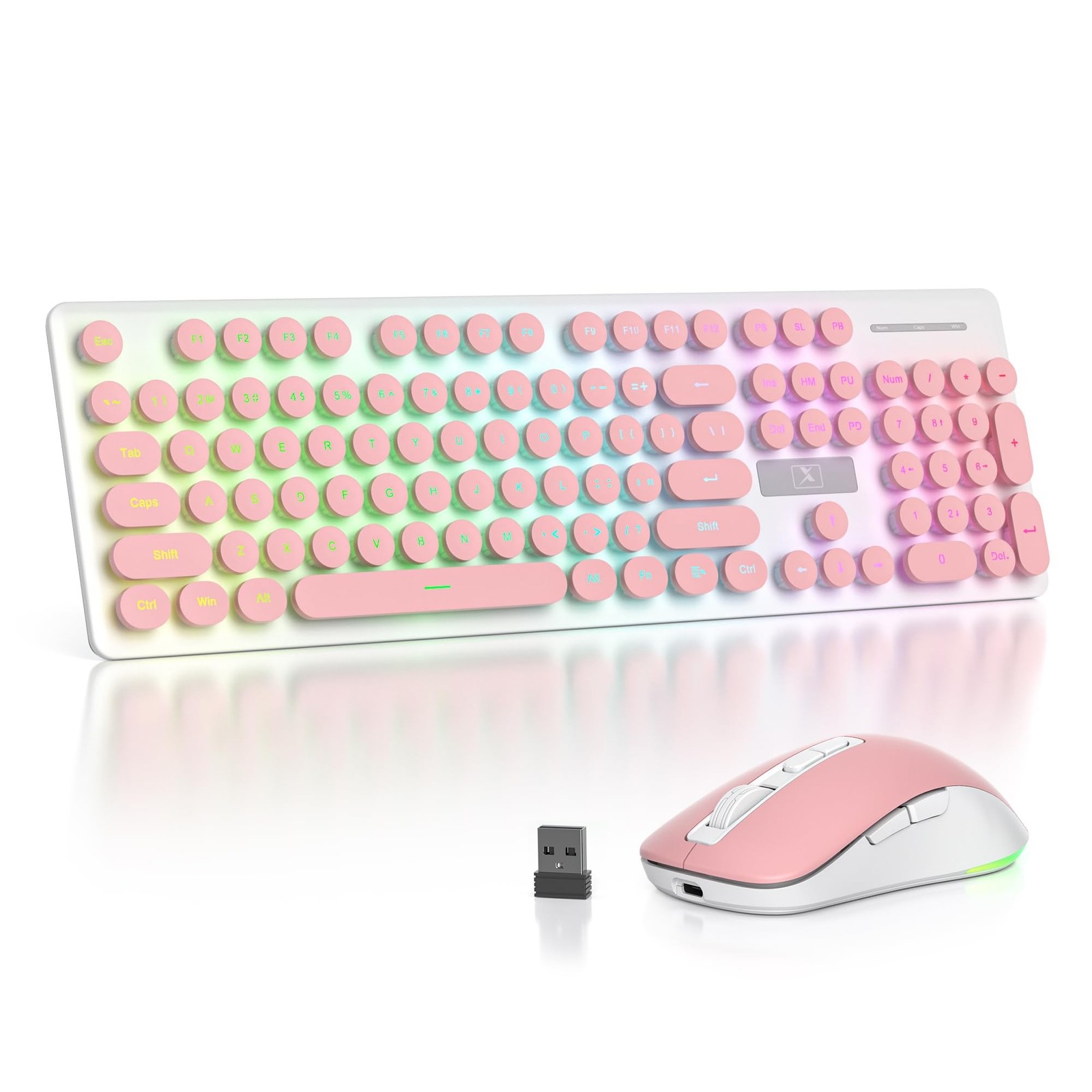Backlit Pink Keyboard and Mouse Wireless, 2.4GHz Light Up Typewriter Recharge...