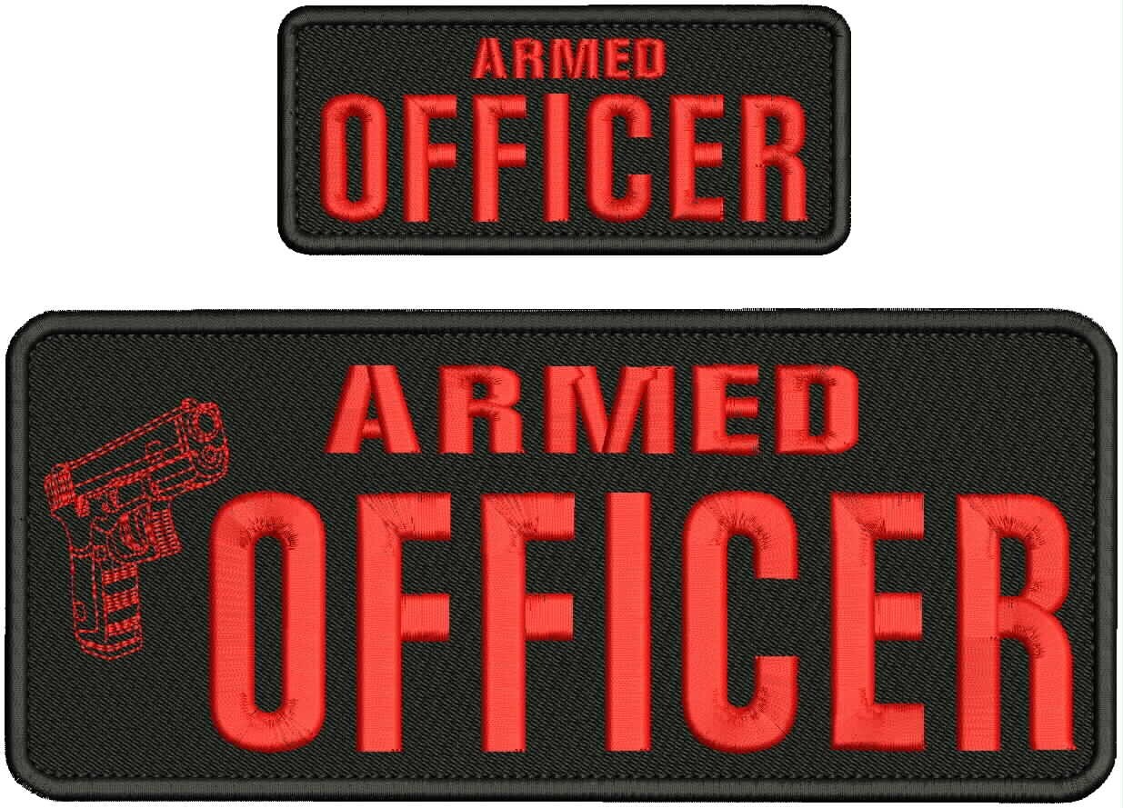 ARMED OFFICER embroidery patches 4x10 and 2x5 hook on back RED ON BLACK