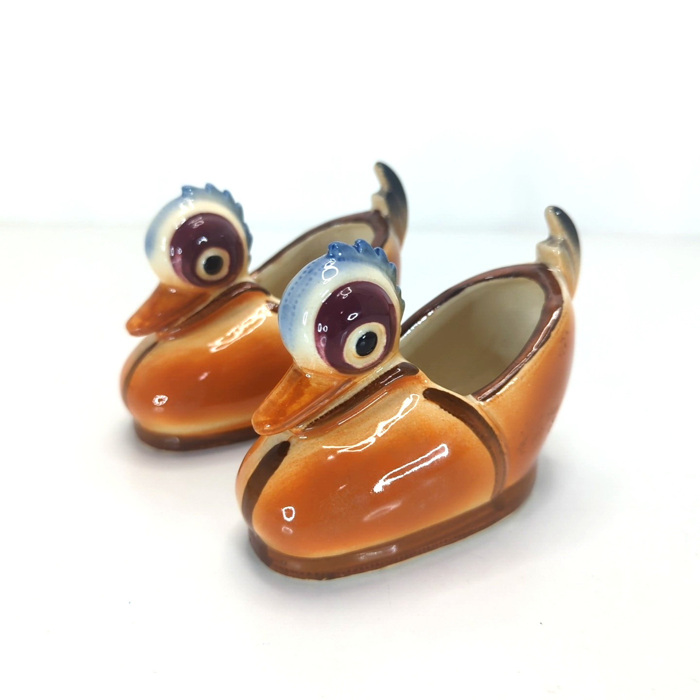 Pair of 2 Vintage Ceramic Duck Miniature Planters From Occupied Japan 3.5"H used