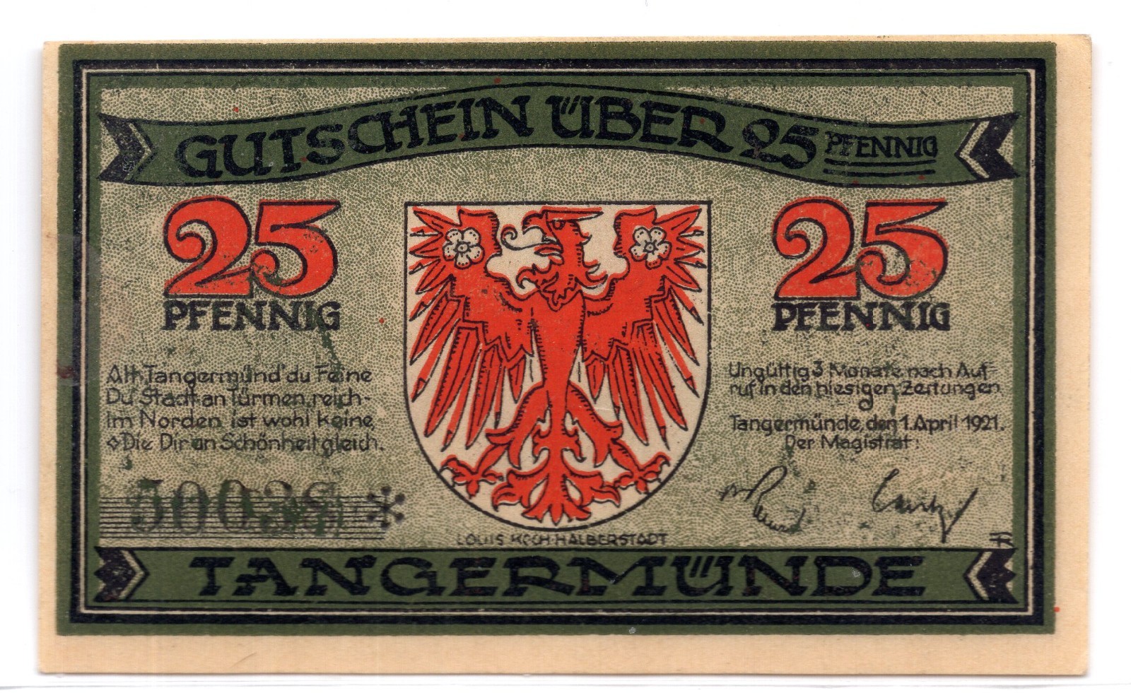 1921 Germany Tangermunde Notgeld 25 Pfennig Note (3079)