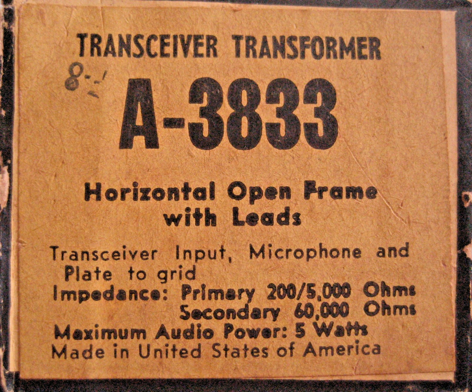 1 x NOS NIB Stancor A-3833 Transceiver Transformer - Pri  200/5K to 60K 5 Watts