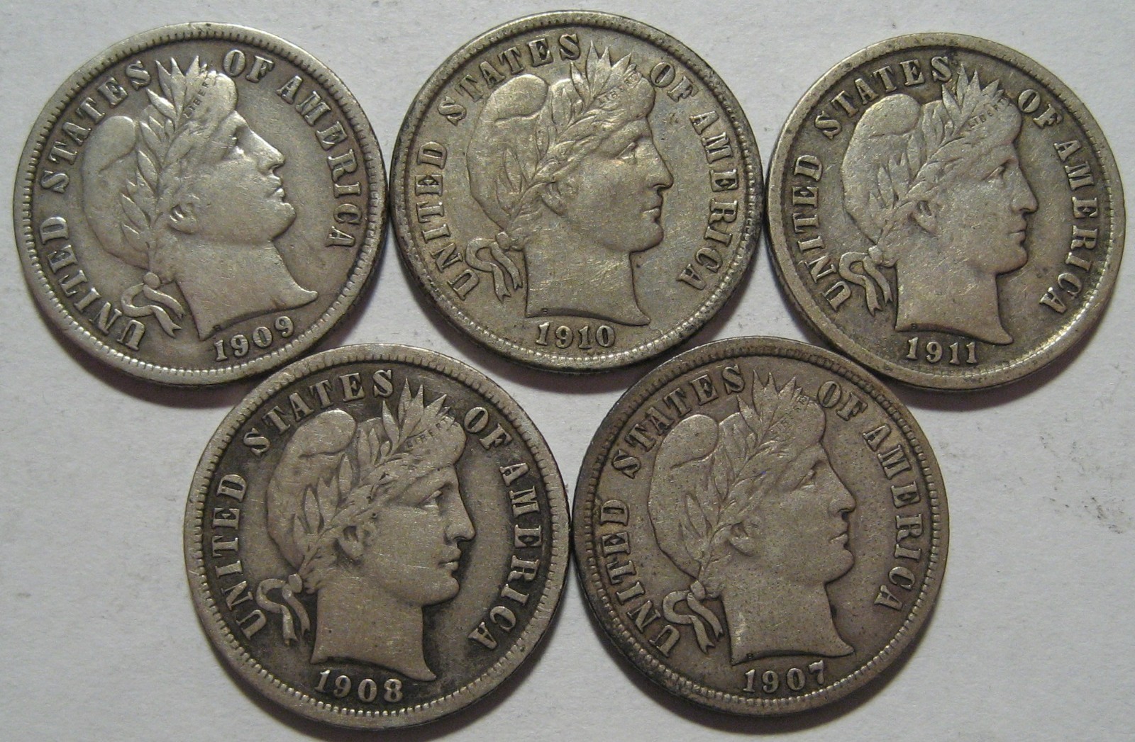 5 COINS = 1907-P 1908-P 1909-P 1910-P 1911-P VF/XF BARBER Dimes