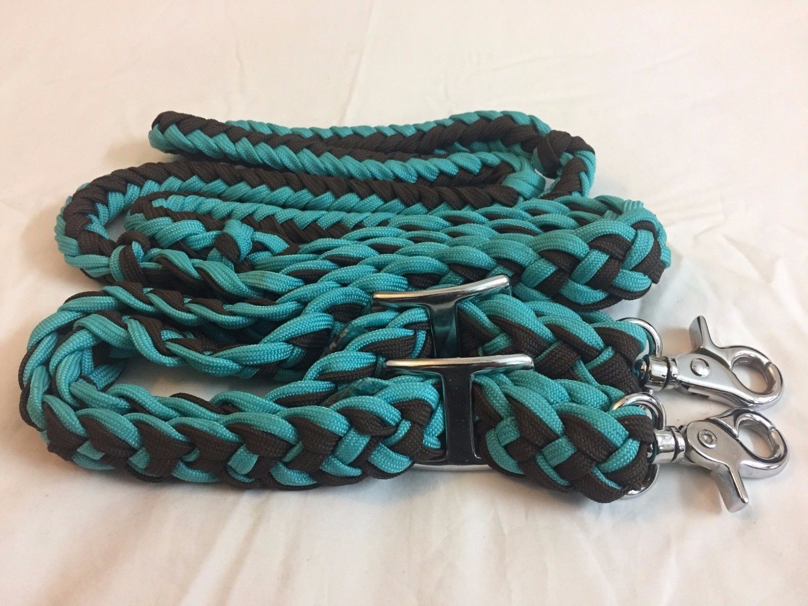 Western Set of 2 Nylon Braided and Knotted Roping Reins- Torquoise & Brown