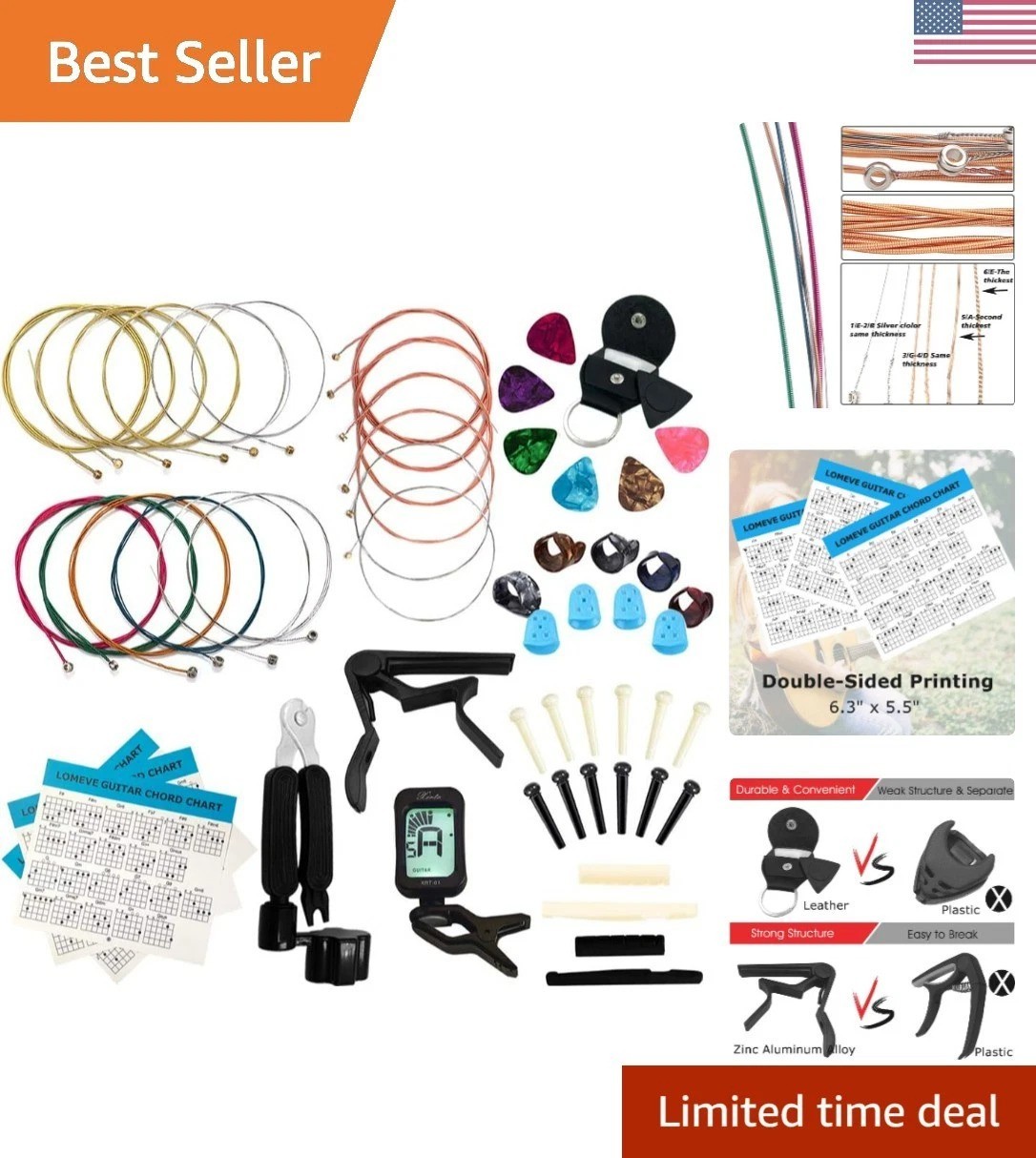 Guitar Accessories Kit Include Acoustic Strings, Tuner, Capo, 3-in-1 Restring...