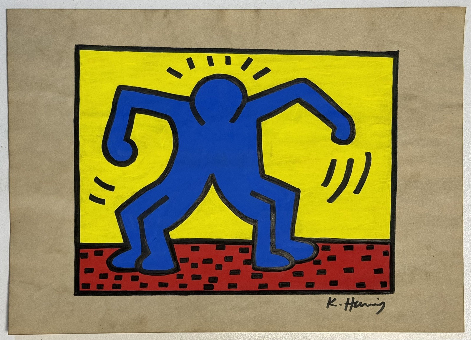 Keith Haring (Handmade) Drawing On old Paper Signed & Stamped, Vtg Art