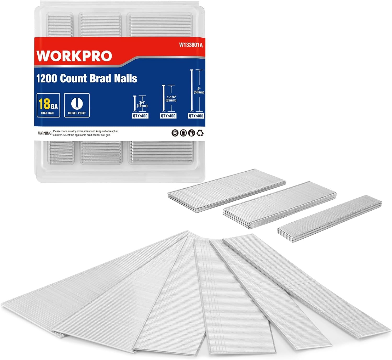 WORKPRO 1200 Count 18 Gauge Brad Nails 3/4" 1-1/4" 2" for Nail Gun Universal