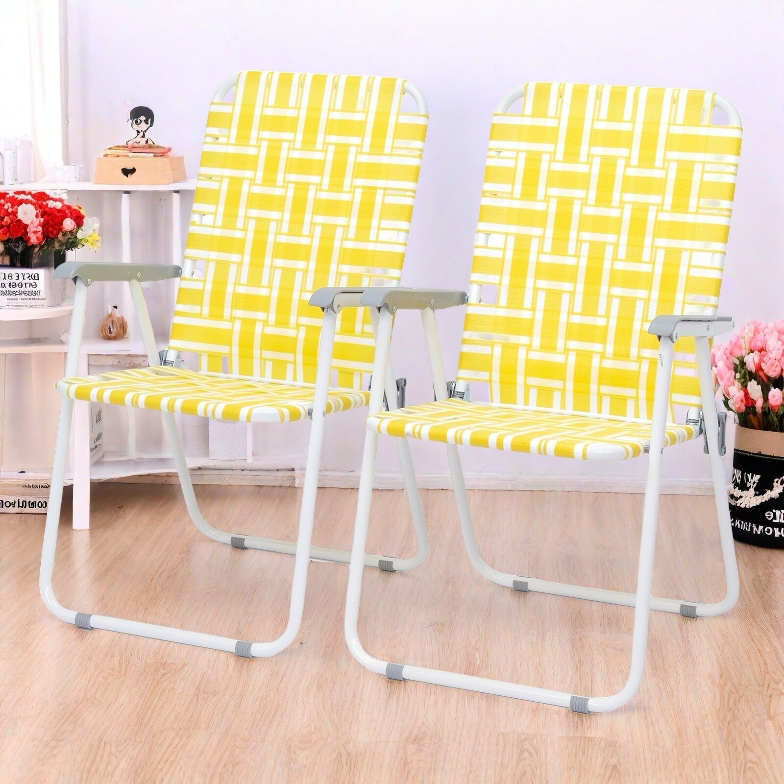 Folding Beach Chairs Set Of 2 - Yellow & White Striped, Metal Frame & PP Webbing