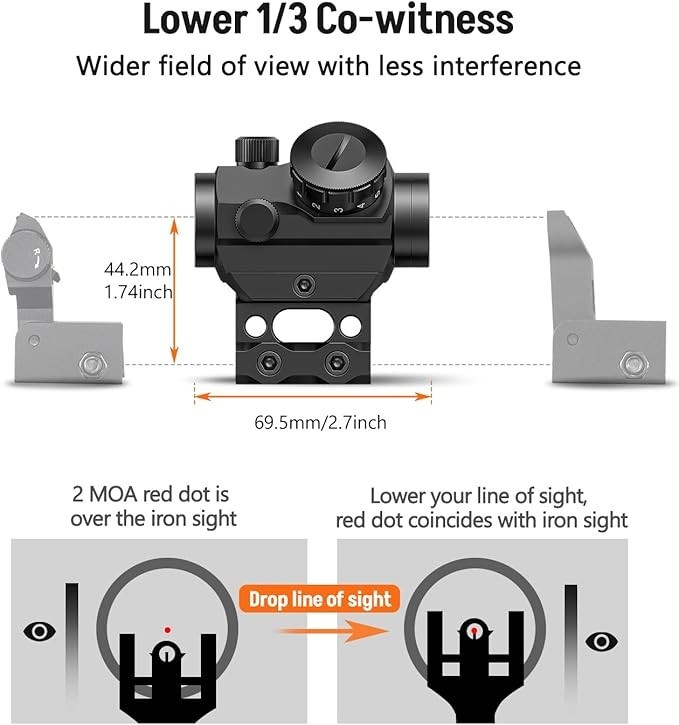 2MOA Riflescope Red Dot Sight 1x25mm Reflex Sight with 1 inch Riser Mount