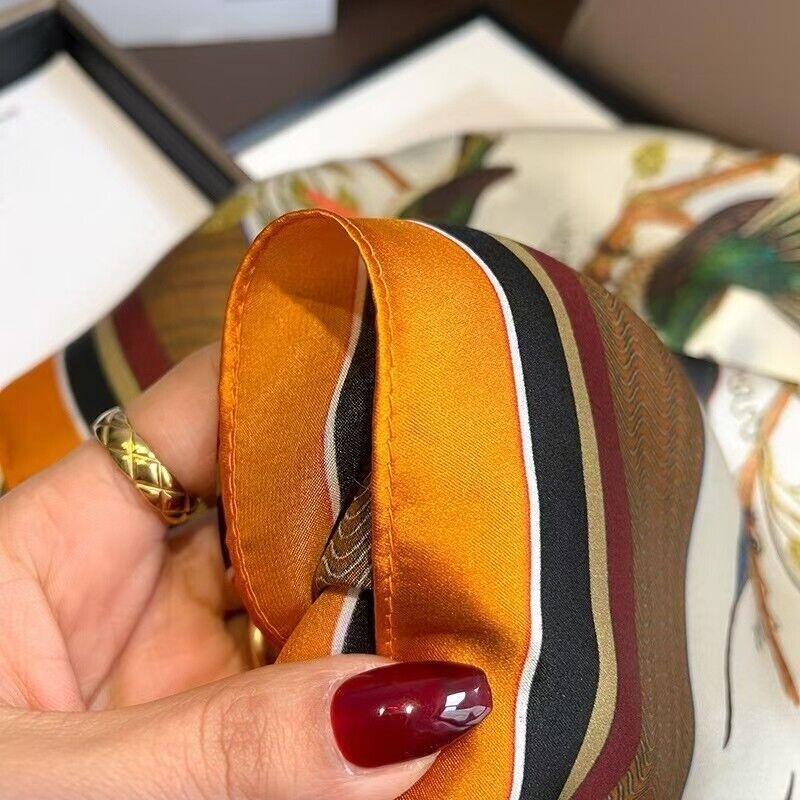 100% Silk Scarf Women Vintage Orange Bird Kerchief Square Bandana Wrap 68*68cm