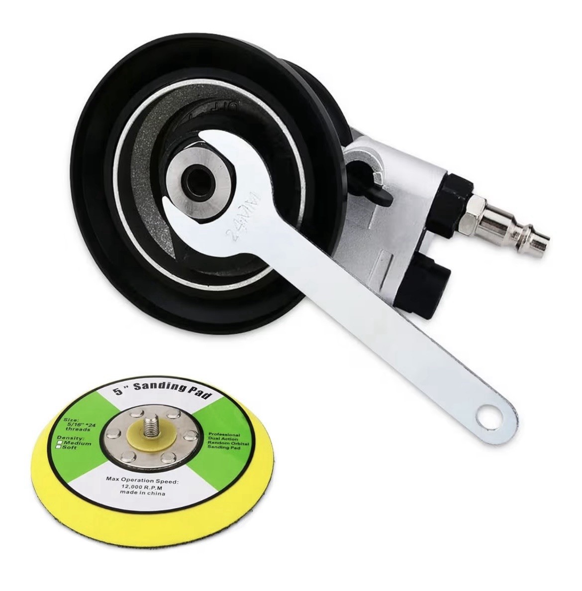 5” Black Pneumatic Orbital Sander, Palm Held, Adjustable Grinder Sander