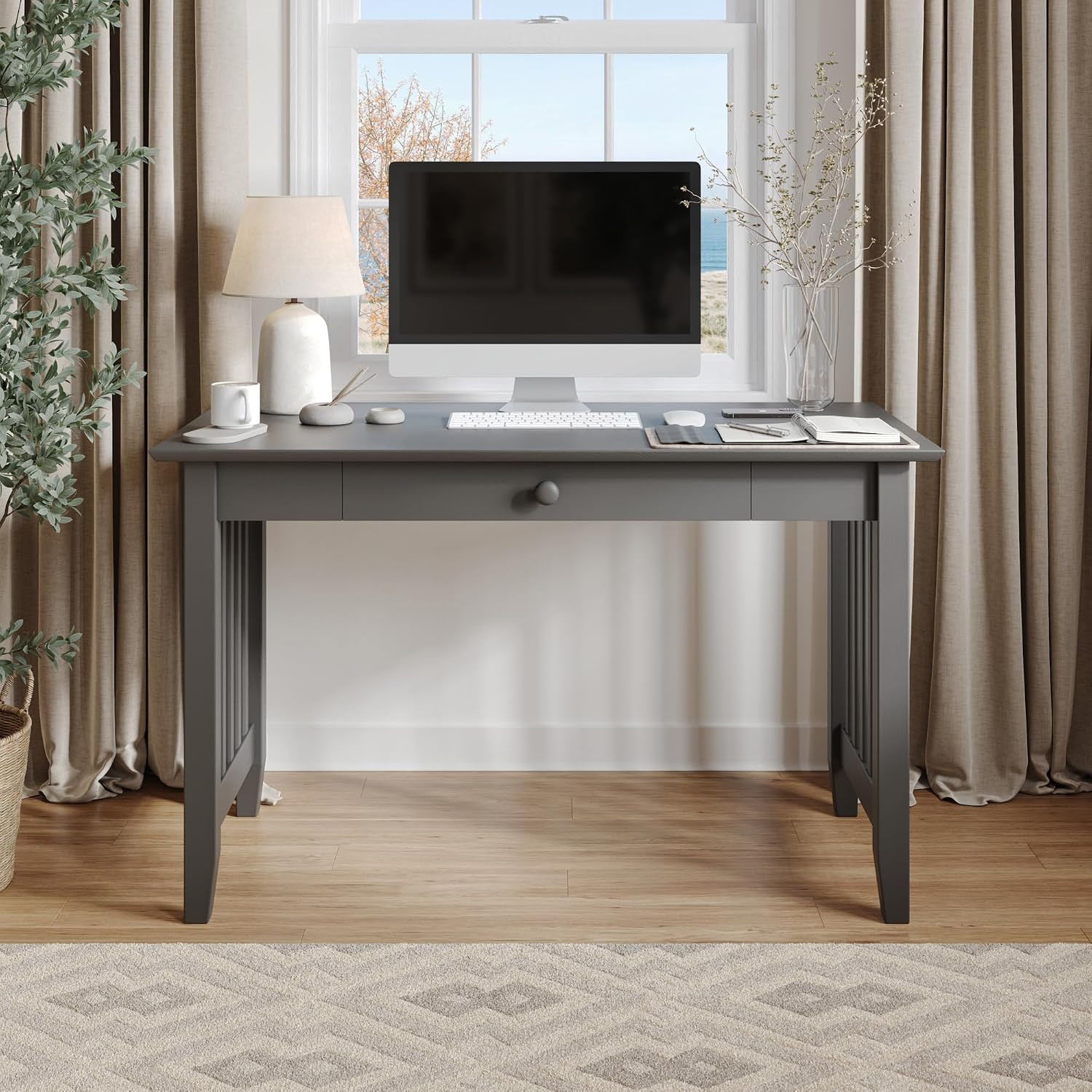 , Mission Solid Wood Writing Desk with Drawer, Grey