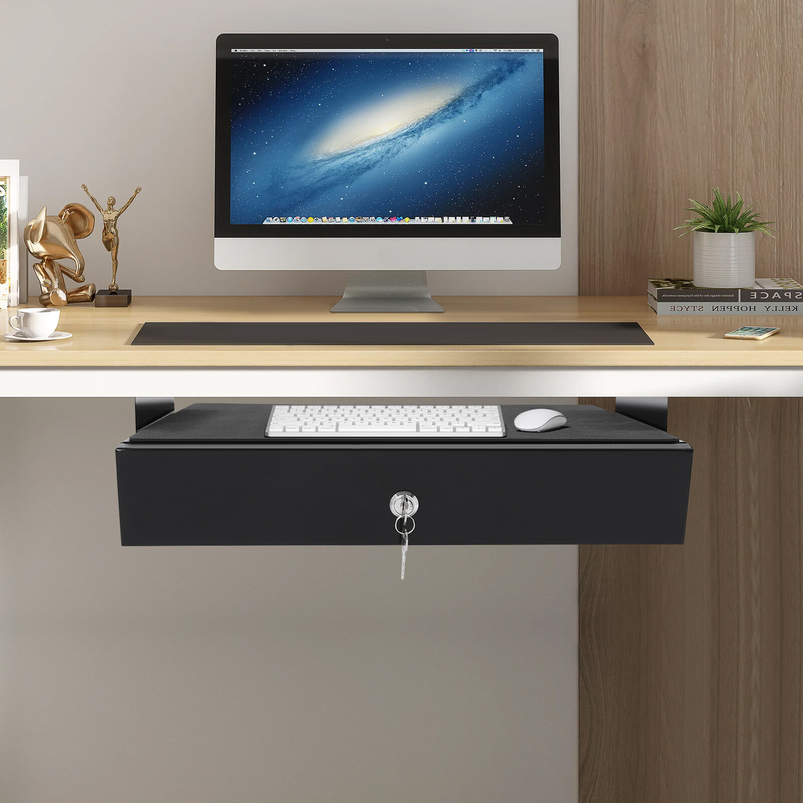 Under Desk Sliding Pull-Out Drawer With Computer Pad & Lock Black