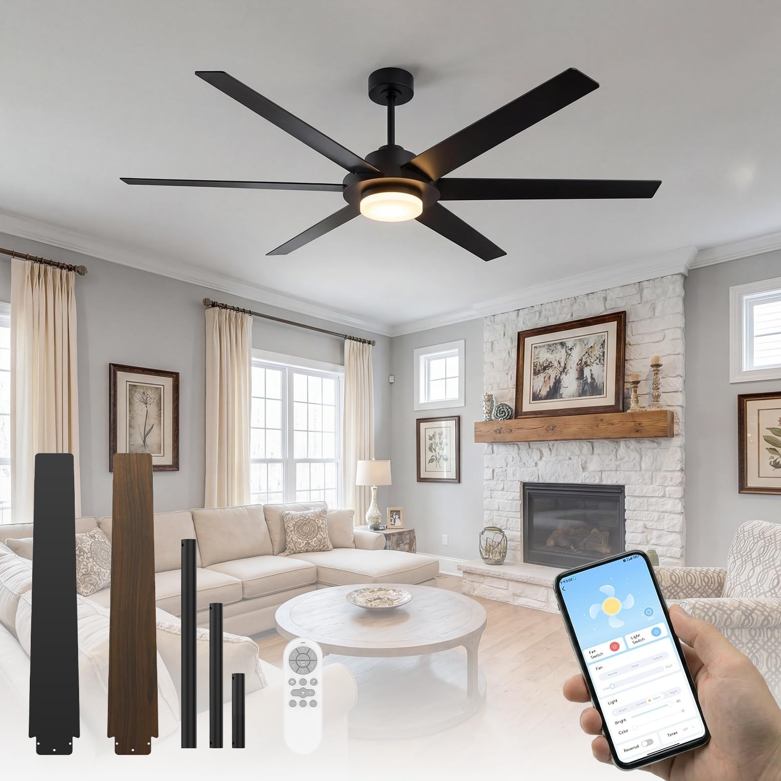 64 Inch Ceiling Fans with Lights, Large Ceiling fan with Light and Remote/APP...