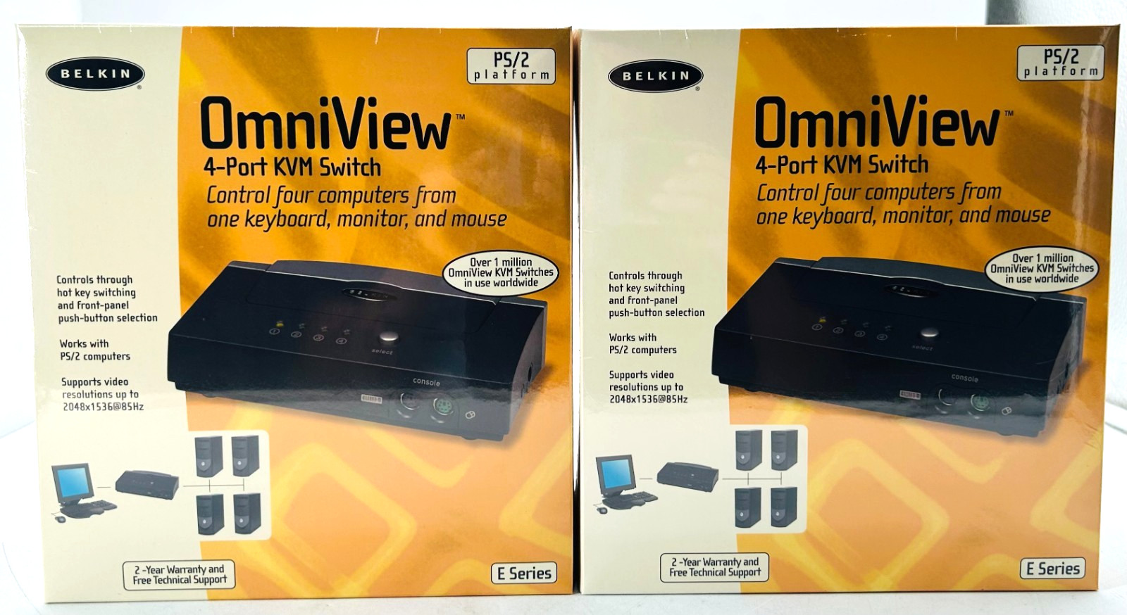 2X BELKIN OMNIVIEW F1DB104P E SERIES 4 PORT KVM SWITCH PS/2 PLATFORM