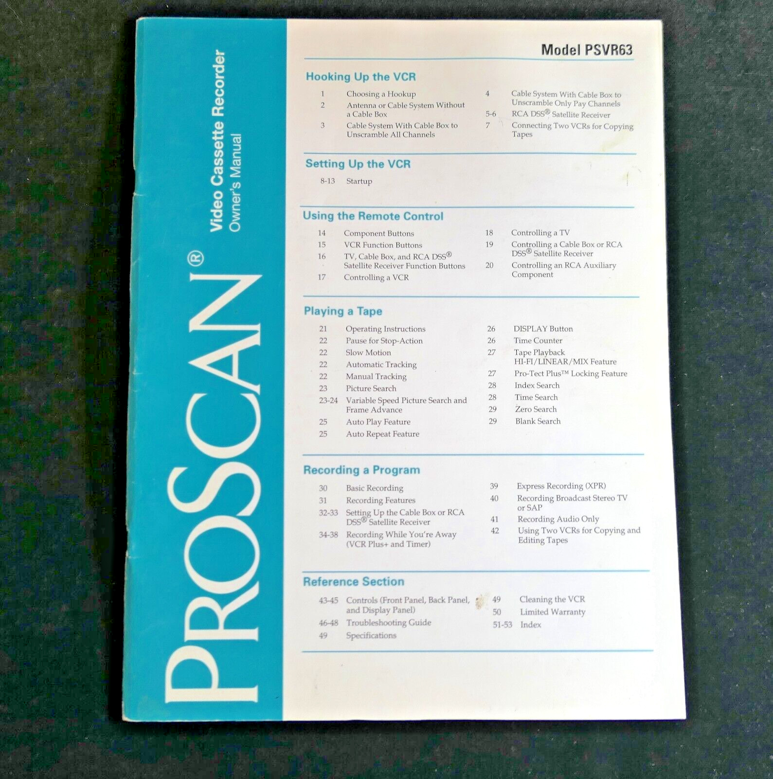 PROSCAN  Video Cassette Recorder Owner's Manual VCR Model PSVR63 Original