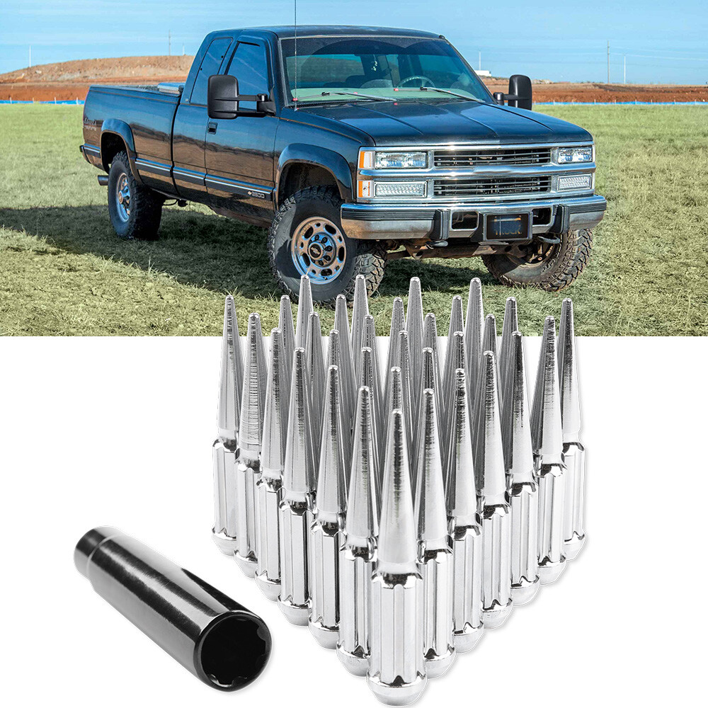 Set of 32 Chrome Steel Spike Lug Nuts 14x1.5" For Chevy K2500 K3500 GMT400 8CH1
