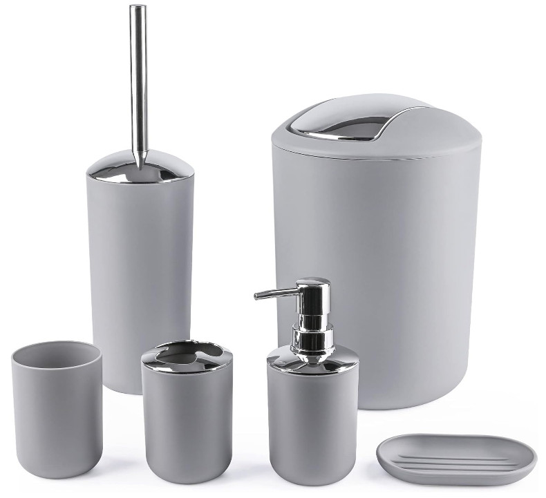 6-Piece Bathroom Accessory Set - Gray | Toothbrush, Soap, Trash Can & More