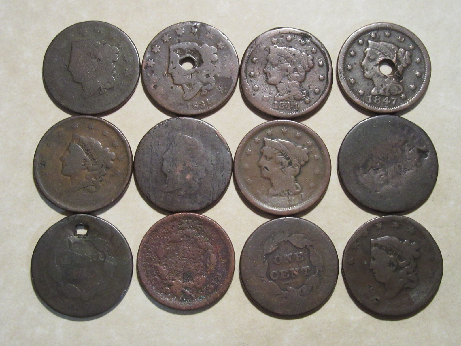 U.S. Coin  Large Cent low grade  nice group of old copper cents   12 coins