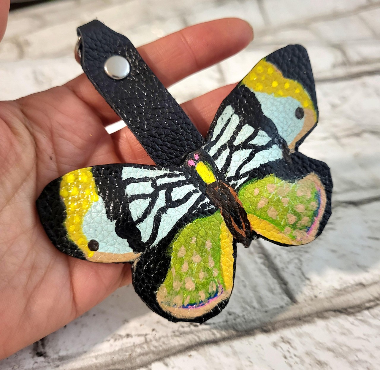 Butterfly leather keychain, blue, hand painted