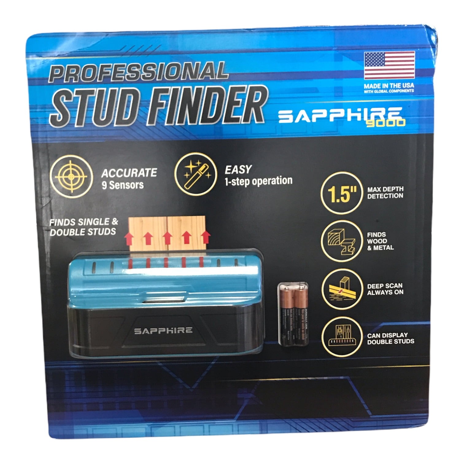 Professional Stud Finder Sapphire 9000 by Franklin Sensors w/ Batteries, 1-Step