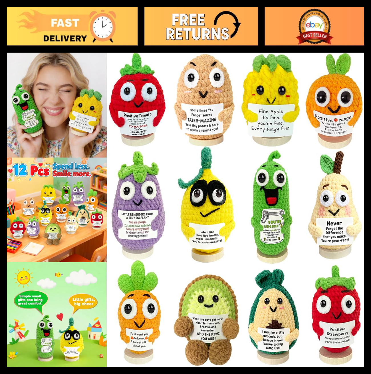 12PCS Emotional Support Crochet Veggies & Fruits - Positive Gifts for Teens & Of