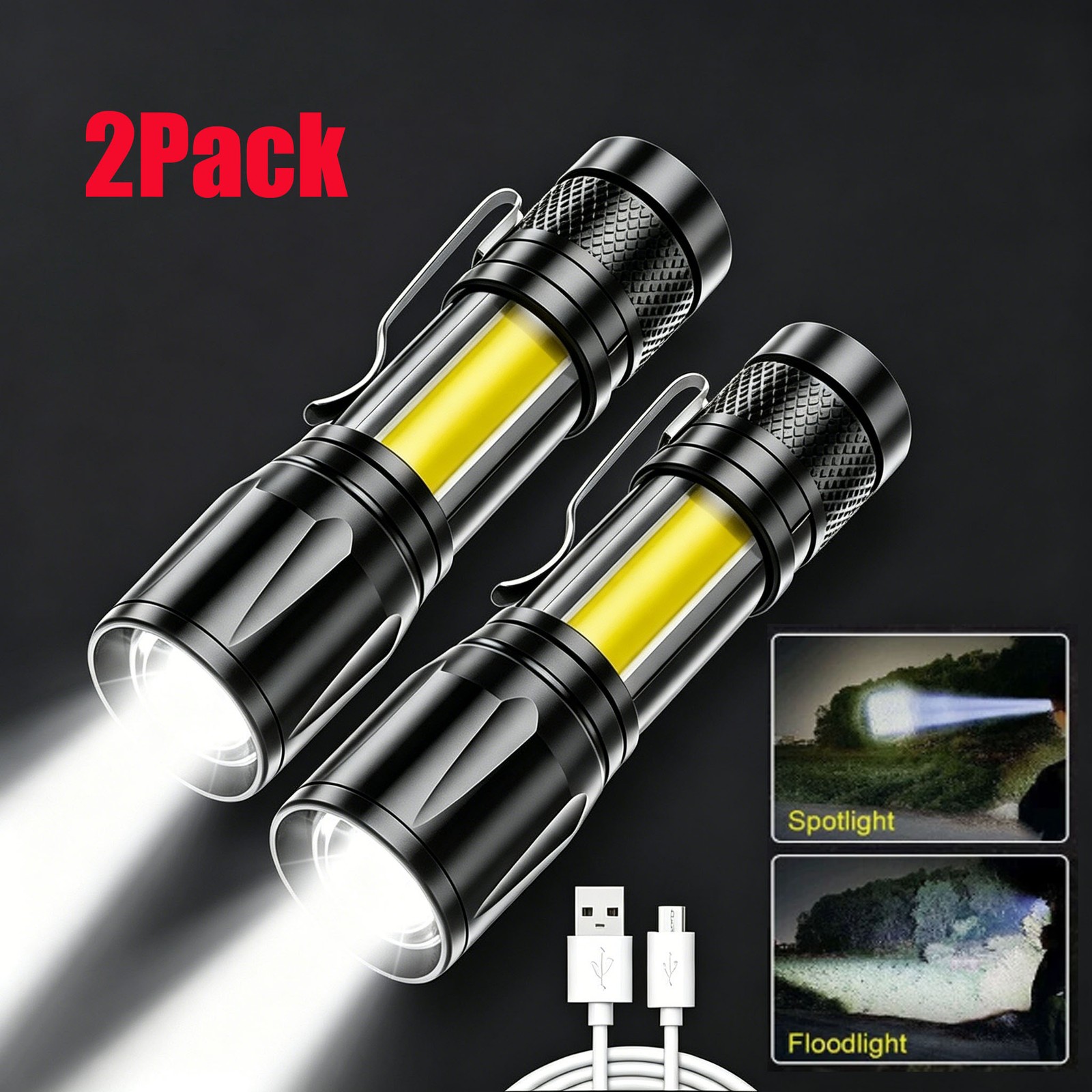 2Pcs Mini LED Torch Light USB Rechargeable Zoomable Flashlight Camping Lamp