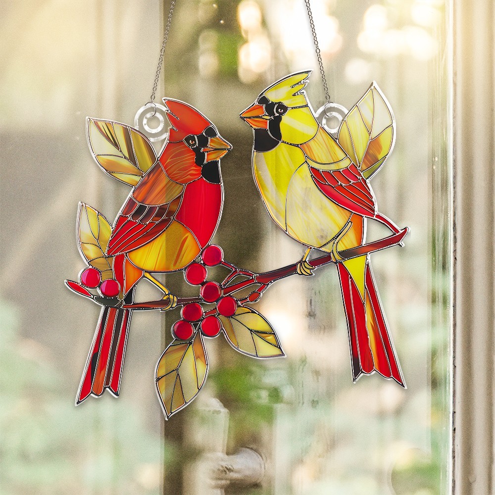 Personalized Cardinal Couple Acrylic Suncatcher Faux Stained Glass Suncatcher