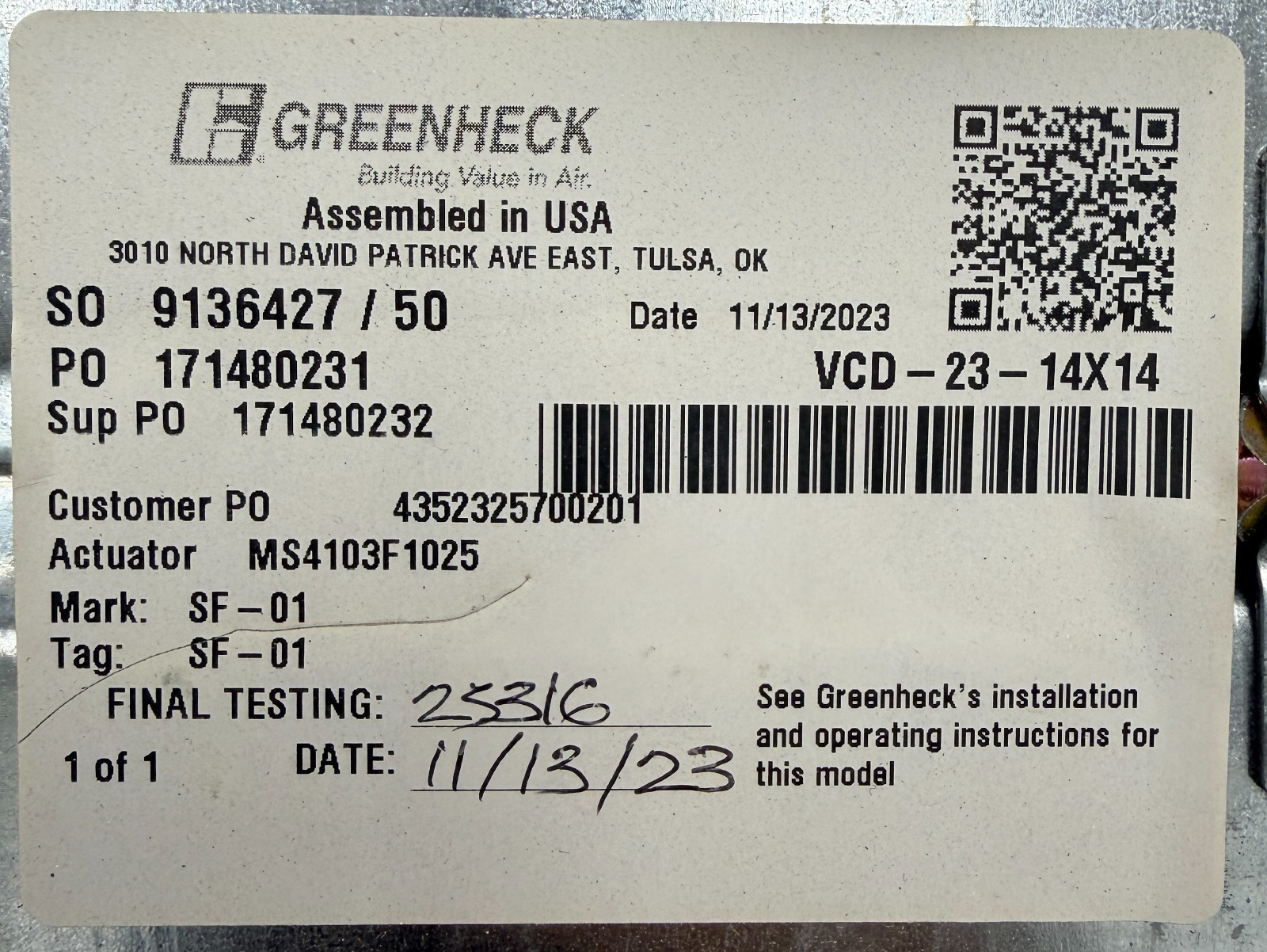 Greenheck VCD-23 14” x 14” Volume Control Damper Opposed Blade Galvanized