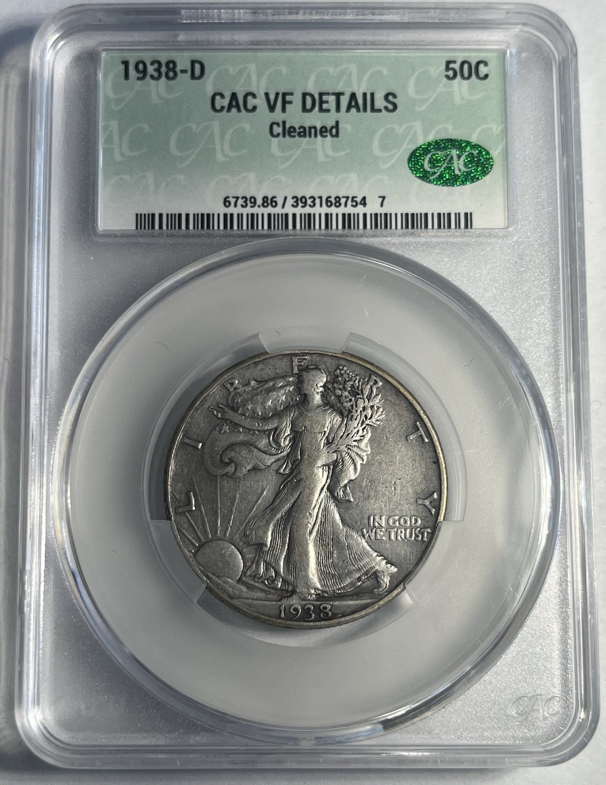 1938-D WALKING LIBERTY HALF DOLLAR CAC GRADED CACG VF DETAILS