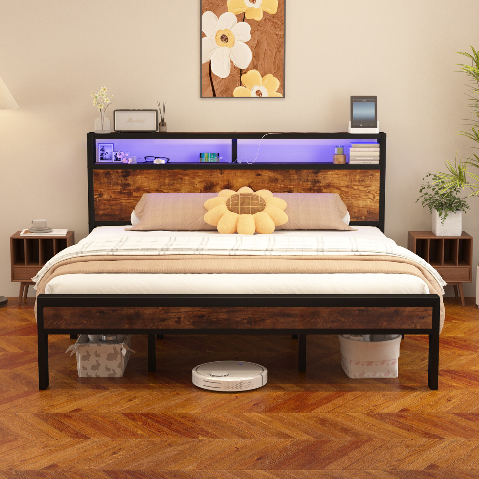 Bed Frame Full/Queen/King Size with 2-Tier Storage and LED Lights Headboard