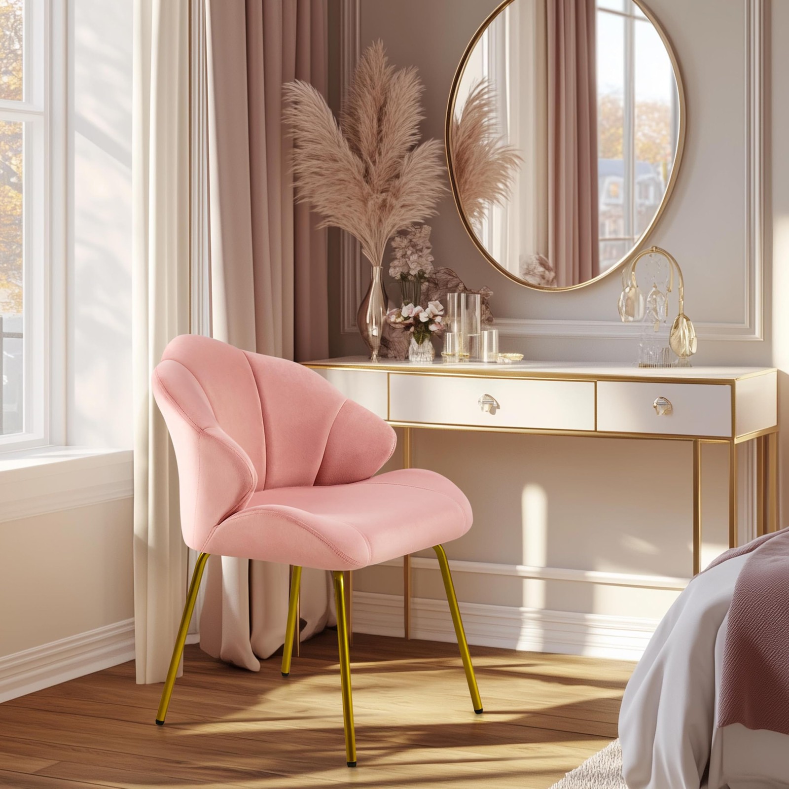 Yaheetech Vanity Chair, Velvet Accent Chair with 22.5"D x 22"W x 31"H, Pink