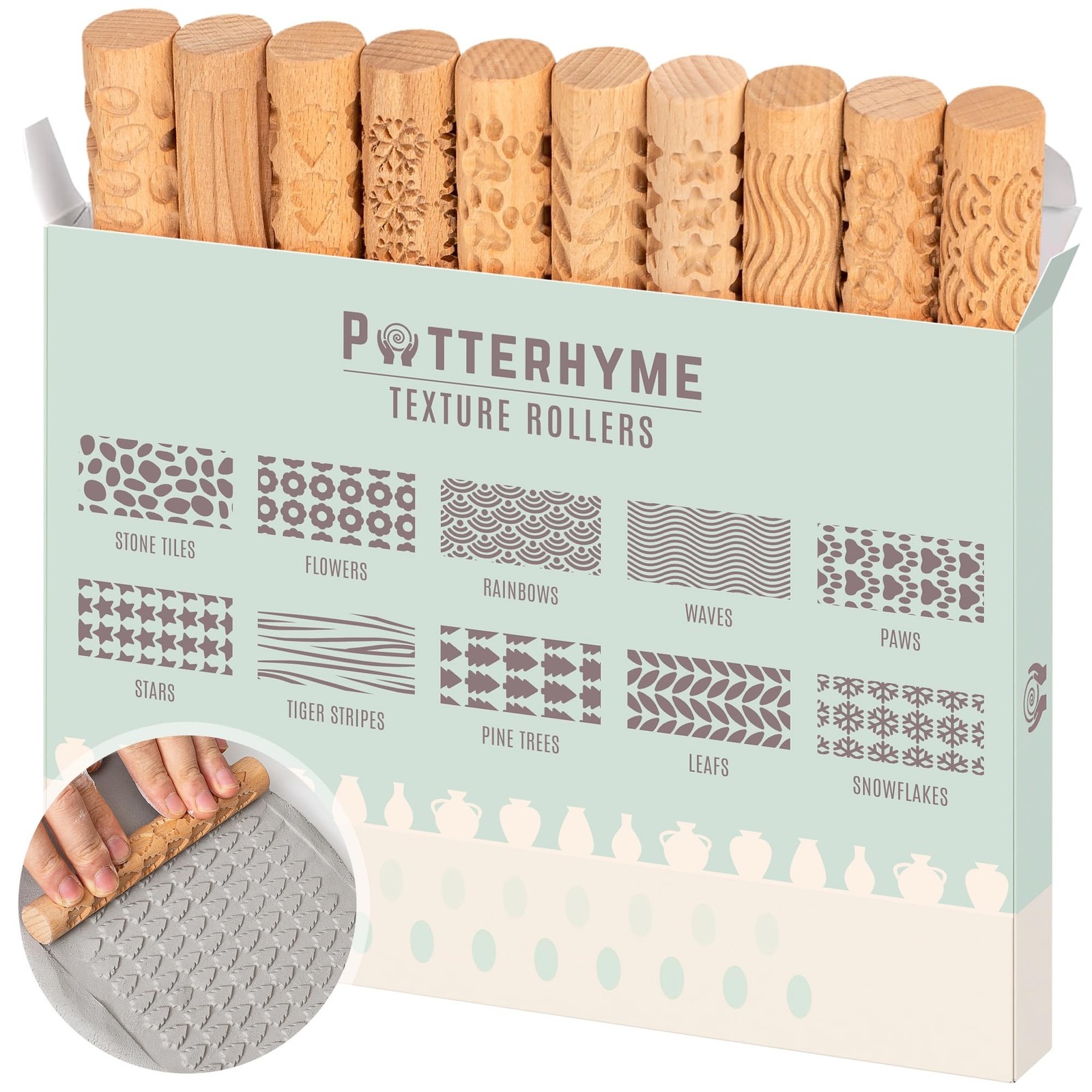 10pcs Wooden Clay Texture Rollers Set for Pottery & Ceramics - Potters Stamp ...