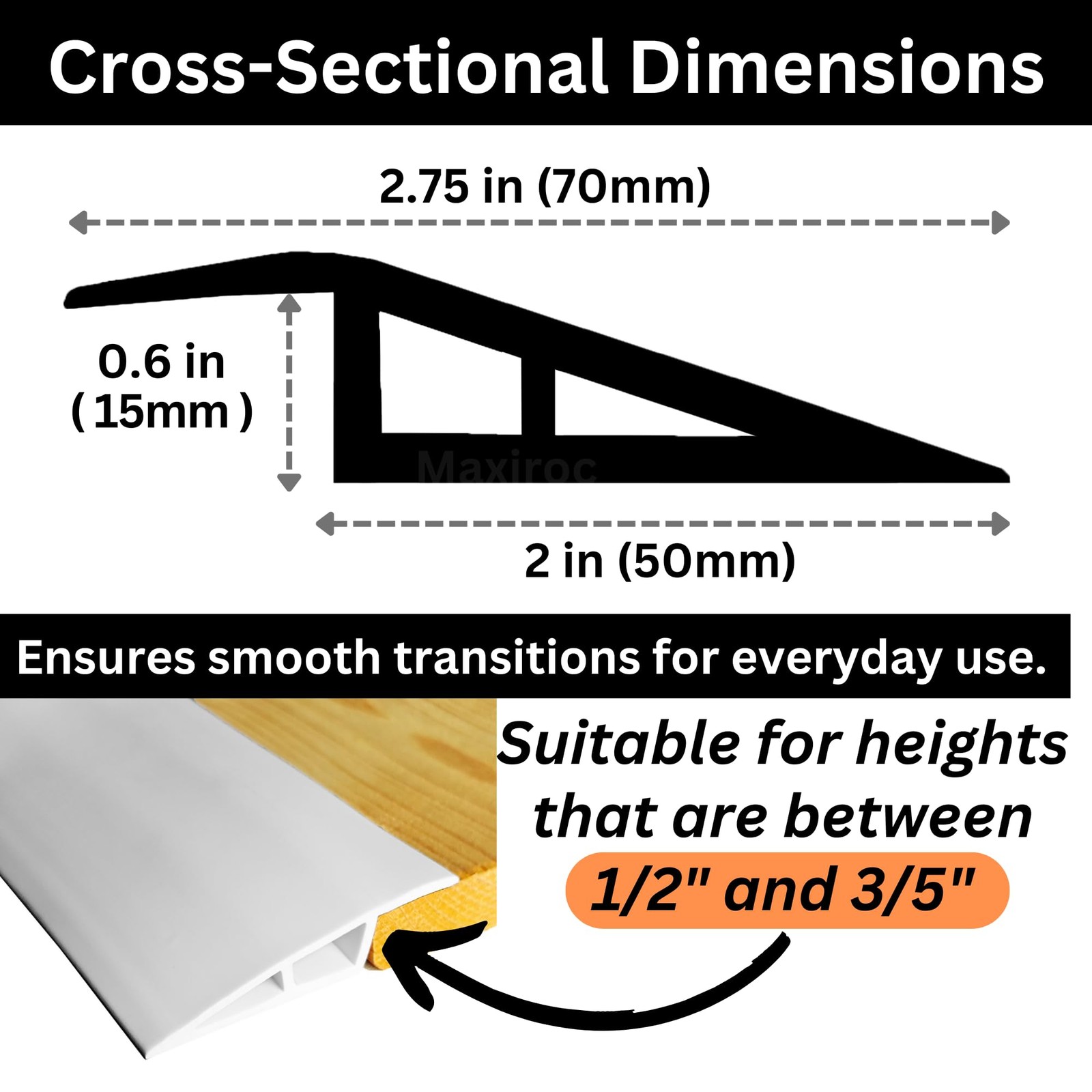 1/2" to 3/5" Height Threshold Ramp - Rubber Threshold, Floor Transition Strip...