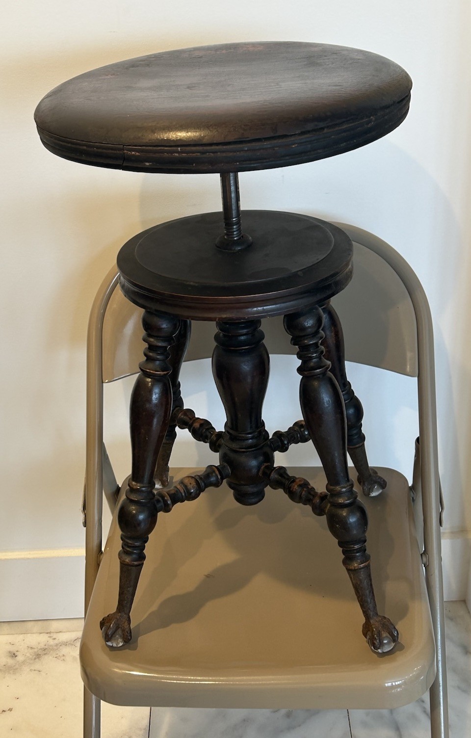 Vintage H. Holtzman & Sons Tri Foot Piano Swivel Stool Steel Glass Ball Feet