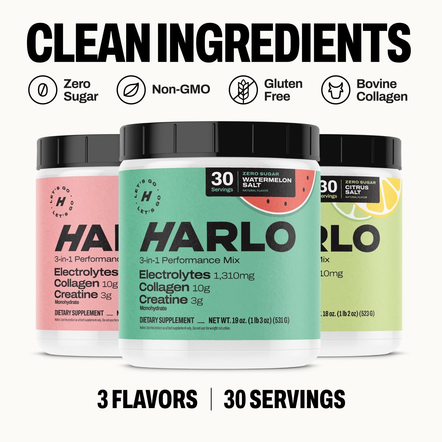 Harlo 3-in-1 Electrolytes Powder Collagen Creatine Raspberry 30 Serv BB 7/26