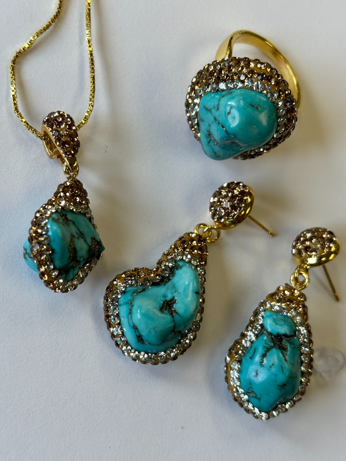 Natural Torquiose Zircon and Rose Gold Pendant Necklace, Ring, and Earrings Set