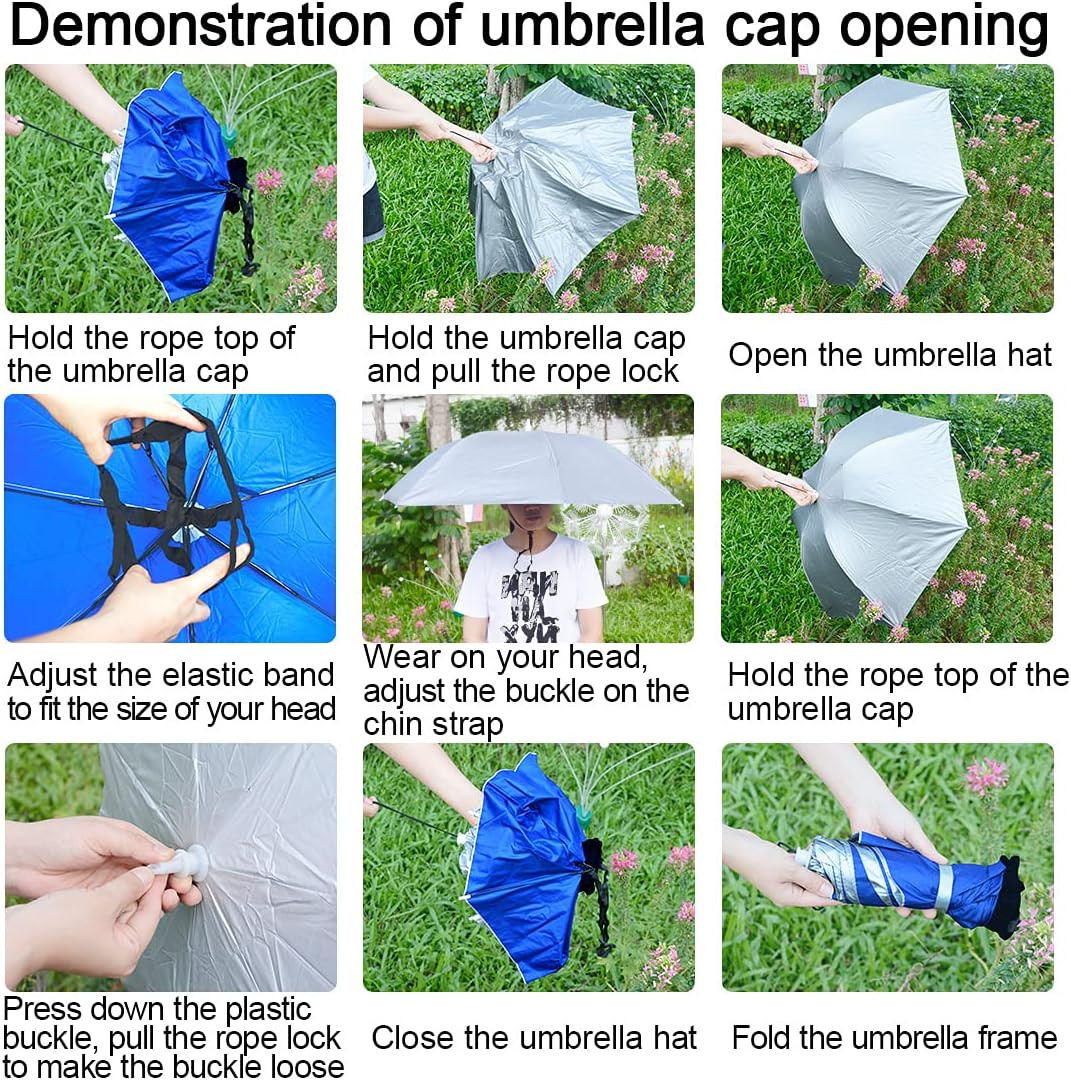 Fishing Umbrella Hat Folding Adjustable Sun Rain Silver/Blue(Single layer)
