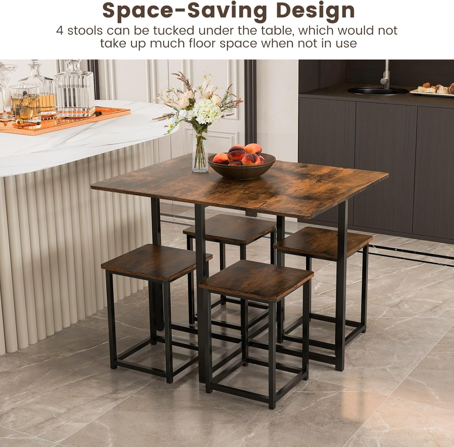 Compact Dining Table Set for 4, Small Kitchen Table Set with Square Stools and M